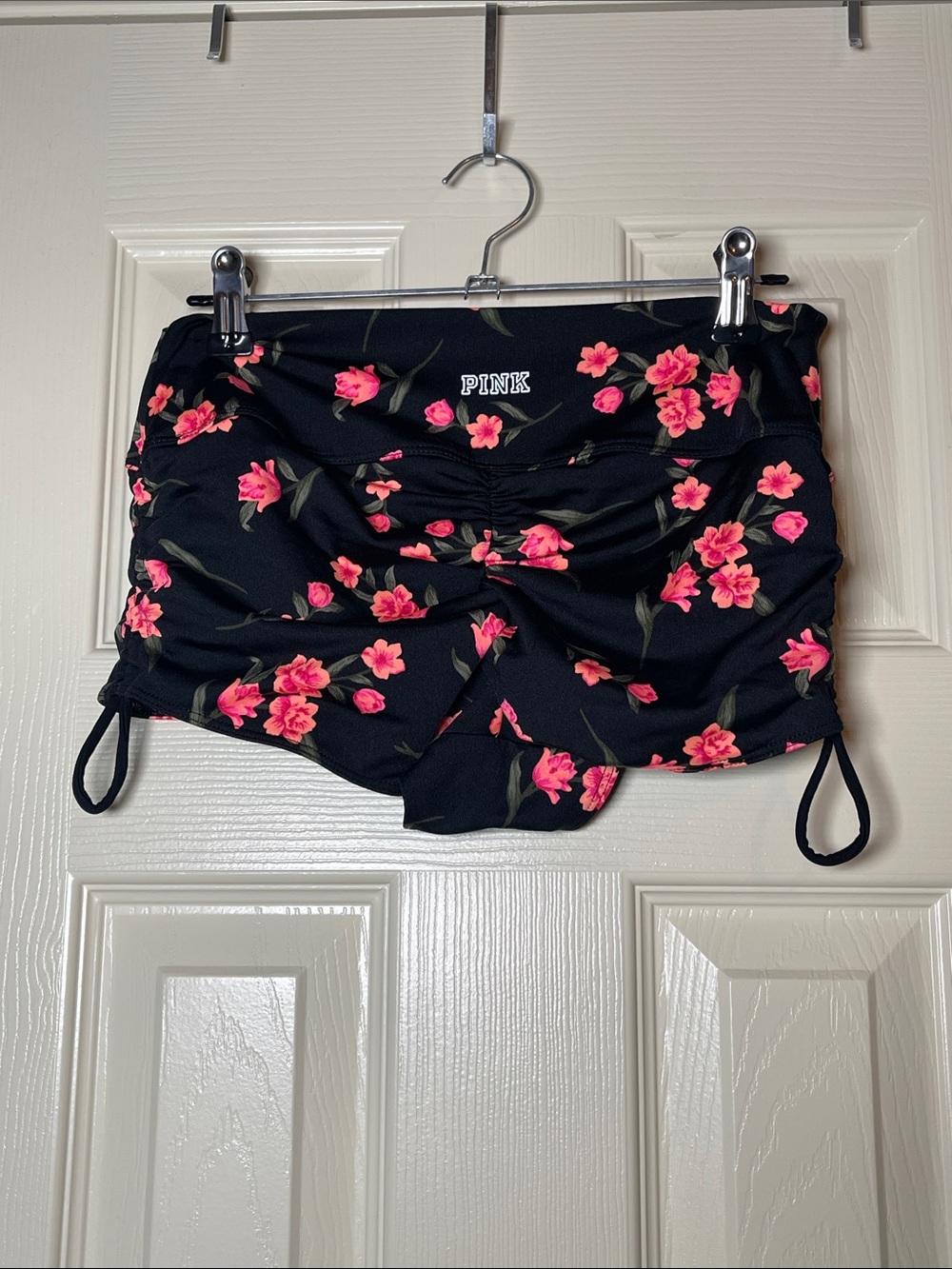 PINK Victoria's Secret Black Floral Ruched Side-Tie Shorts